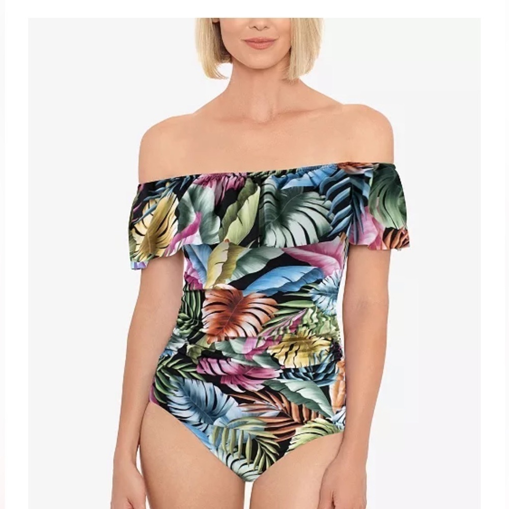 Swim Solutions Off The Shoulder Ruffle One Piece Swimsuit Size 8 Black Multi